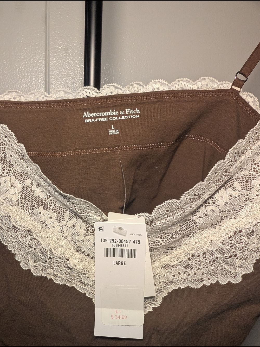 NWT Abercrombie & Fitch Brown Lace-Trim Cami Top - Large With A Built-in Bra